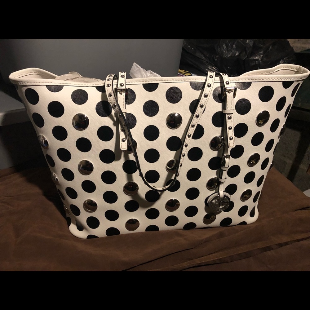 Black and white polka dot leather tote bag